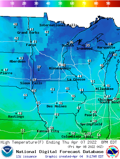 Forecast high temperatures Thursday