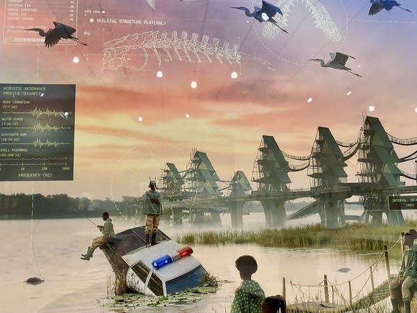 An image showing two people fishing off a sinking police car with towering houses in the background.