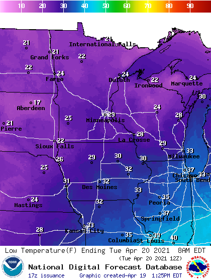 Forecast minimum temps Tuesday morning