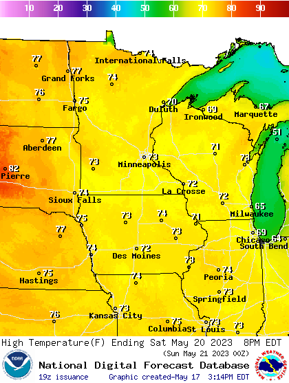 Forecast high temperatures Saturday