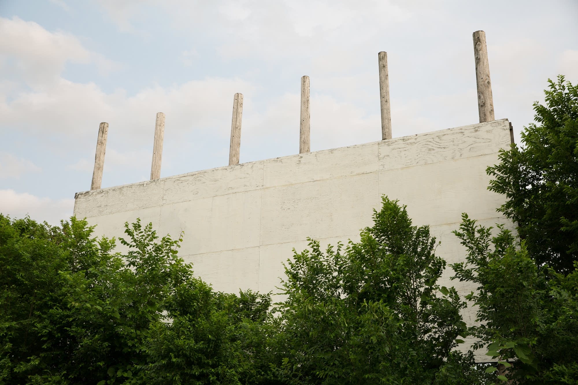 Trees grow in front of an old, wooden movie screen.