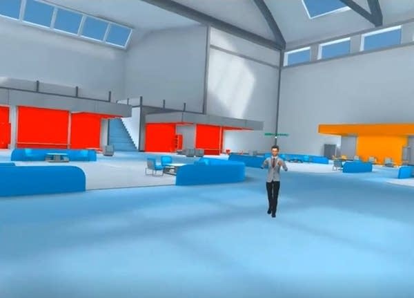 Hiro Protagonist, the avatar for Rabindra Ratan, is seen in the large, open, virtual expo space.