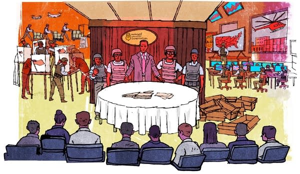 An illustration of a man standing in front of a table with four soldiers behind him.
