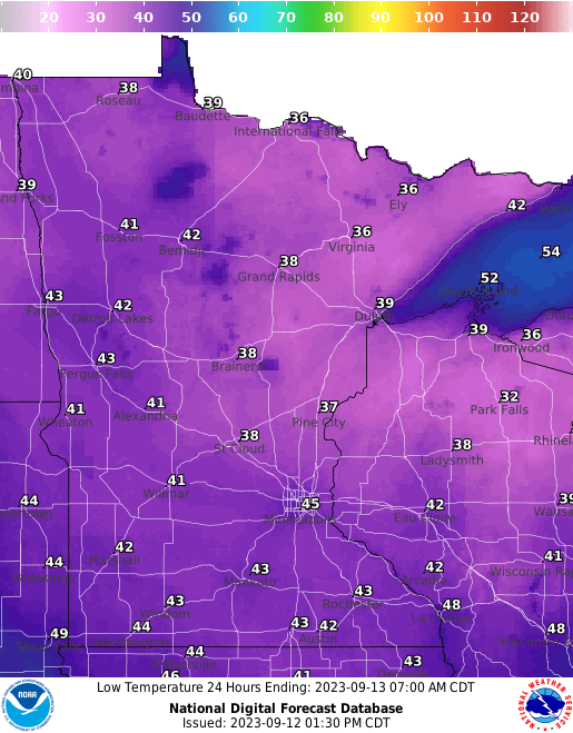 Forecast low temperatures Wednesday