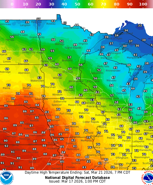 Forecast high temperatures Saturday