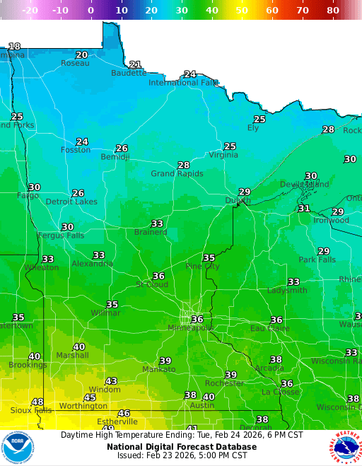 Forecast high temperatures Tuesday