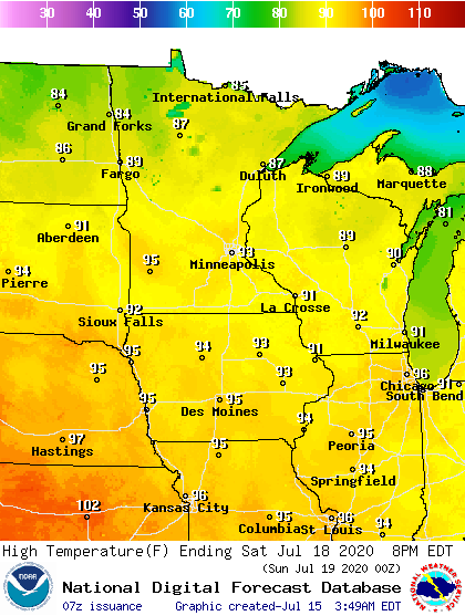 Forecast high temperatures Saturday PM
