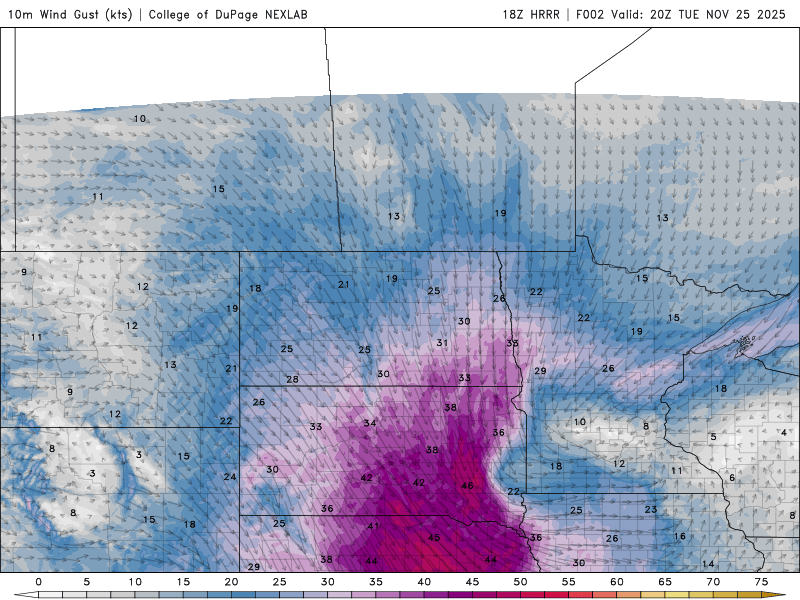 Wind speed and direction for Tuesday 2 p.m. to Wednesday 12 p.m.