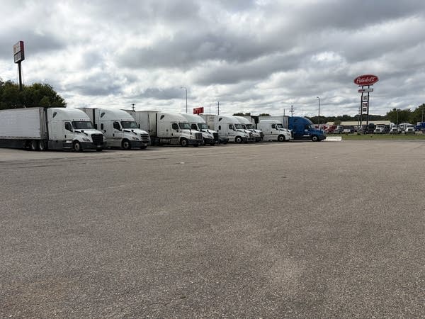A wide shot of semi trucks parked at a truck stop.