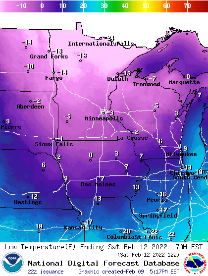 Forecast low temperatures Saturday morning