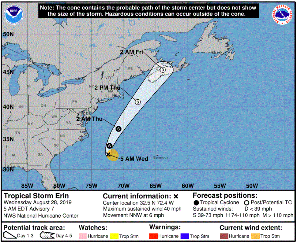 Forecast track of Tropical Storm Erin