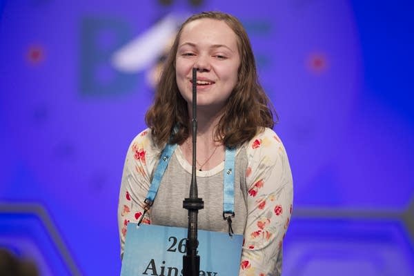 Ainsley Boucher, 13, from Crookston, Minn., spells her word correctly.