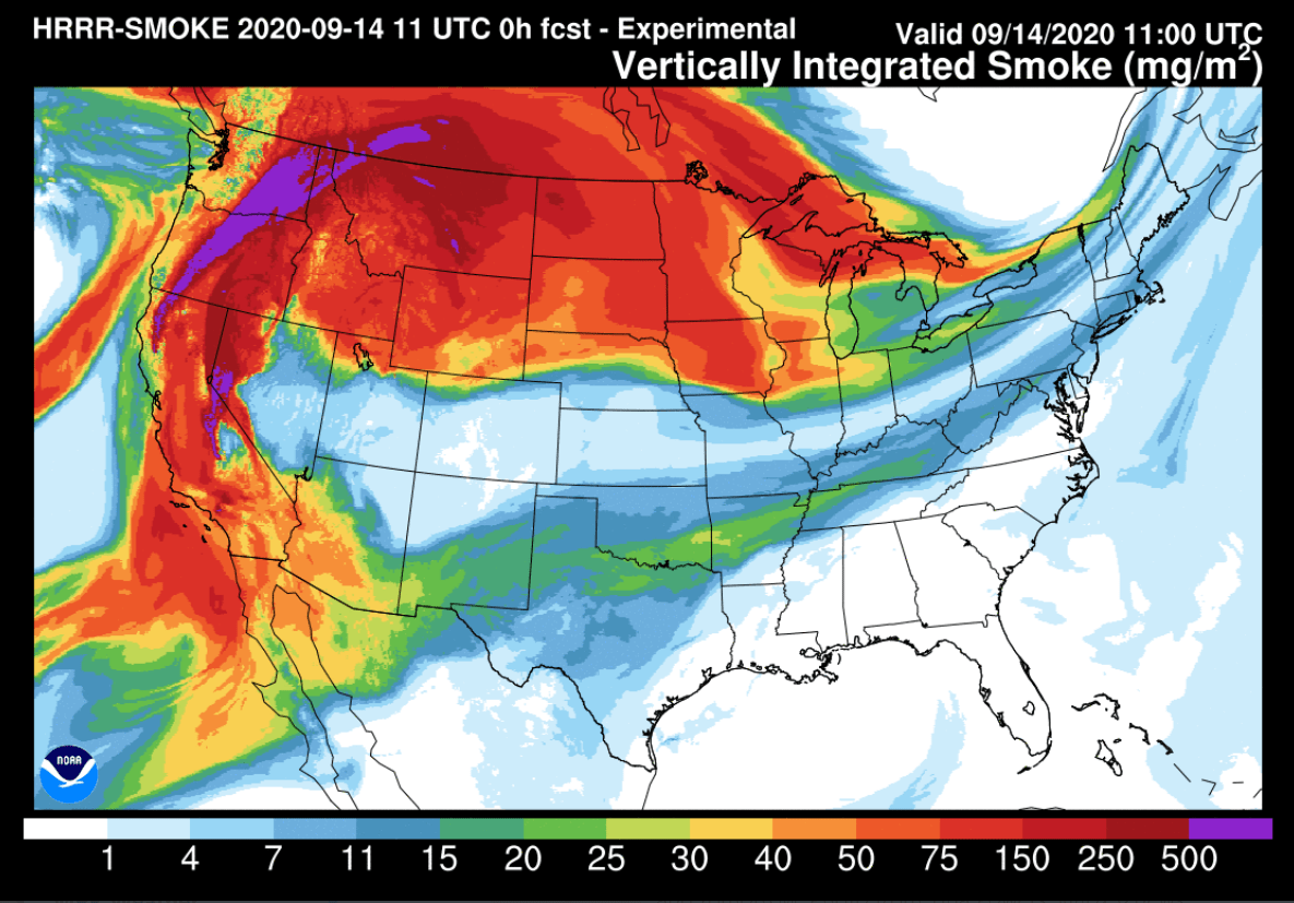 NOAA HRRR model vertically integrated smoke product 