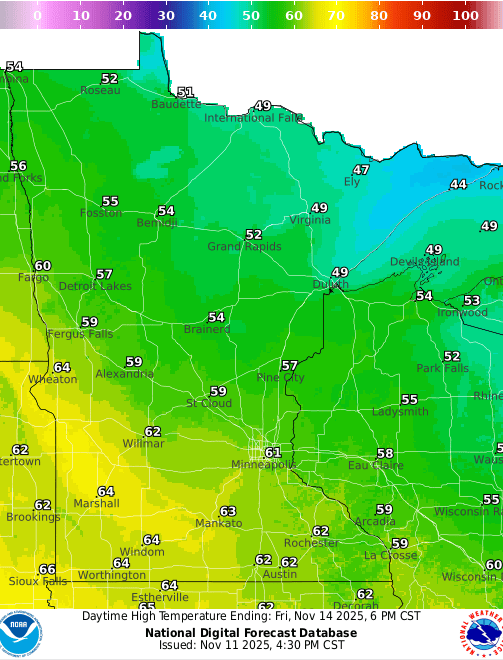 Forecast high temperatures Friday