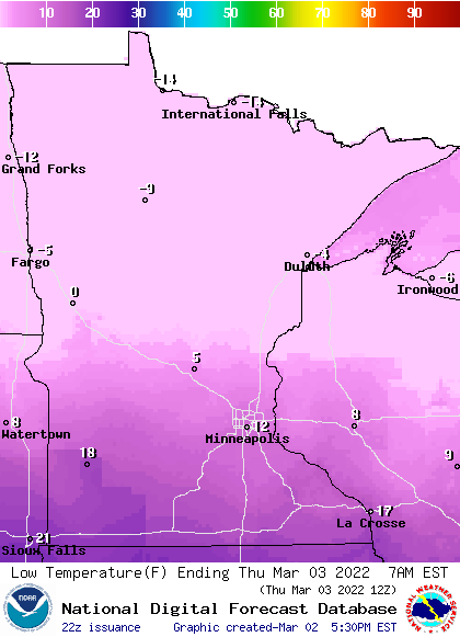 Forecast low temperatures Thursday morning