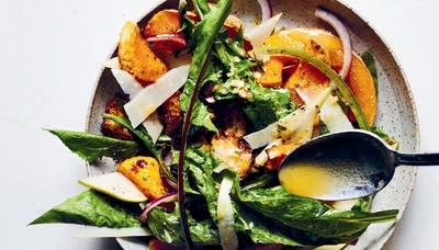 Panzanella with Hearty Greens, Honey-Roasted Squash, and Pear 