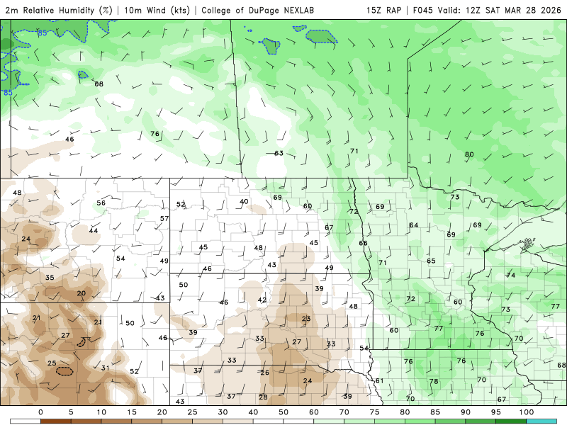 Relative humidity percentages Saturday 7 a.m. to 1 p.m.