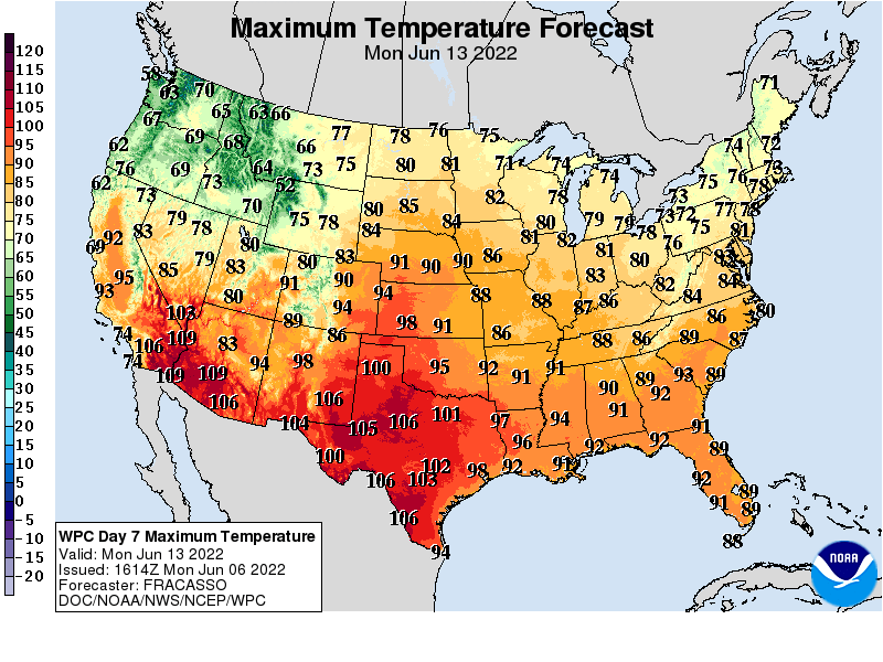 Forecast high temperatures Monday
