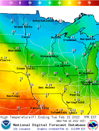 Forecast high temperatures Tuesday