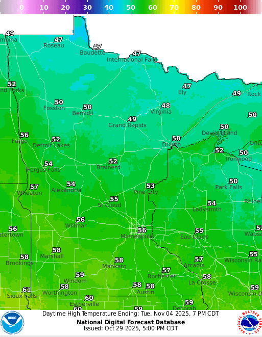 Forecast high temperatures Tuesday