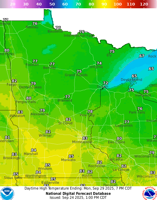 Forecast high temperatures Monday