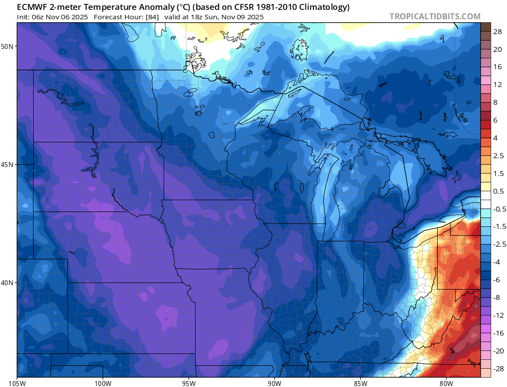 Temperatures anomalies Sunday 12 p.m.