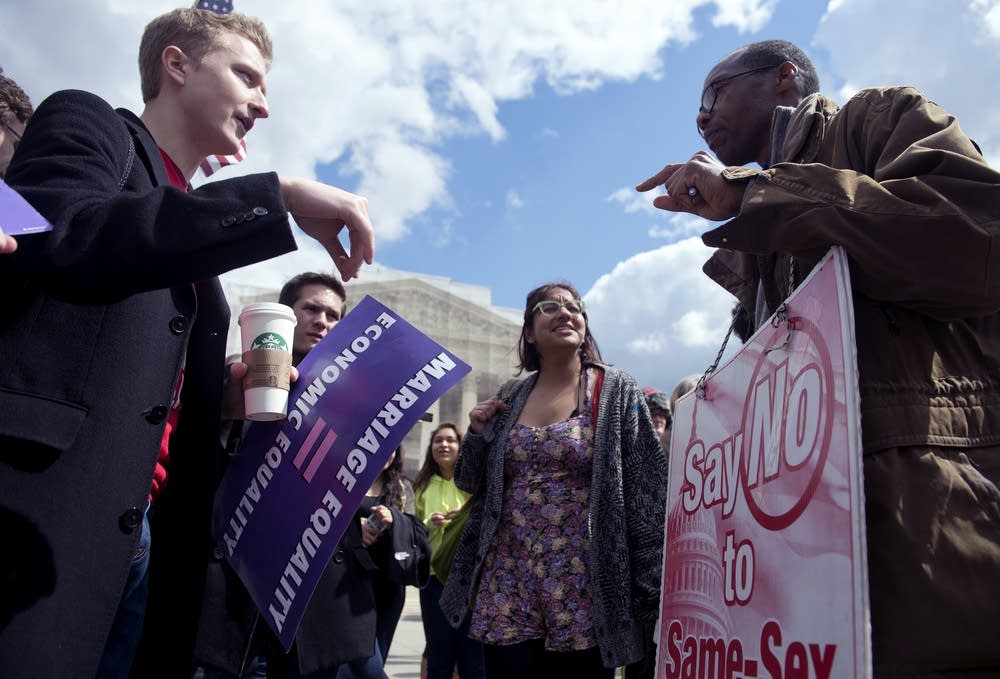 Same-sex marriage supporters and opponents argue.