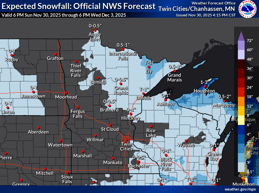 Expected snowfall through Wednesday night