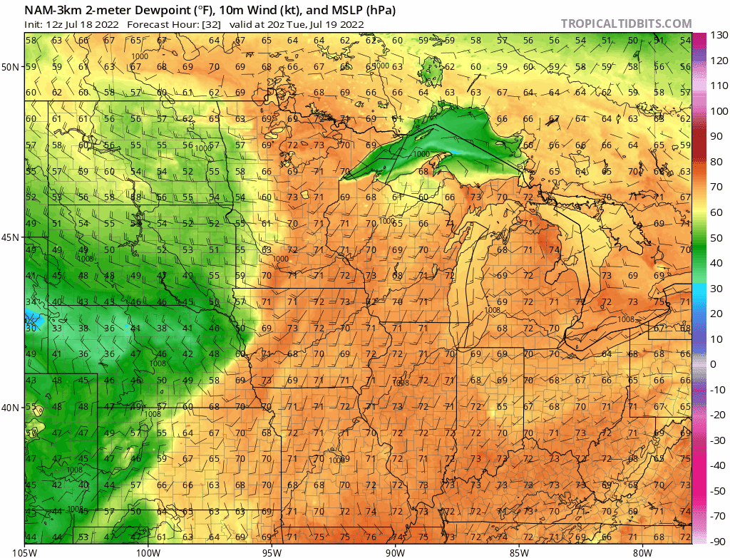 NOAA NAM 3 km model dew point forecast 