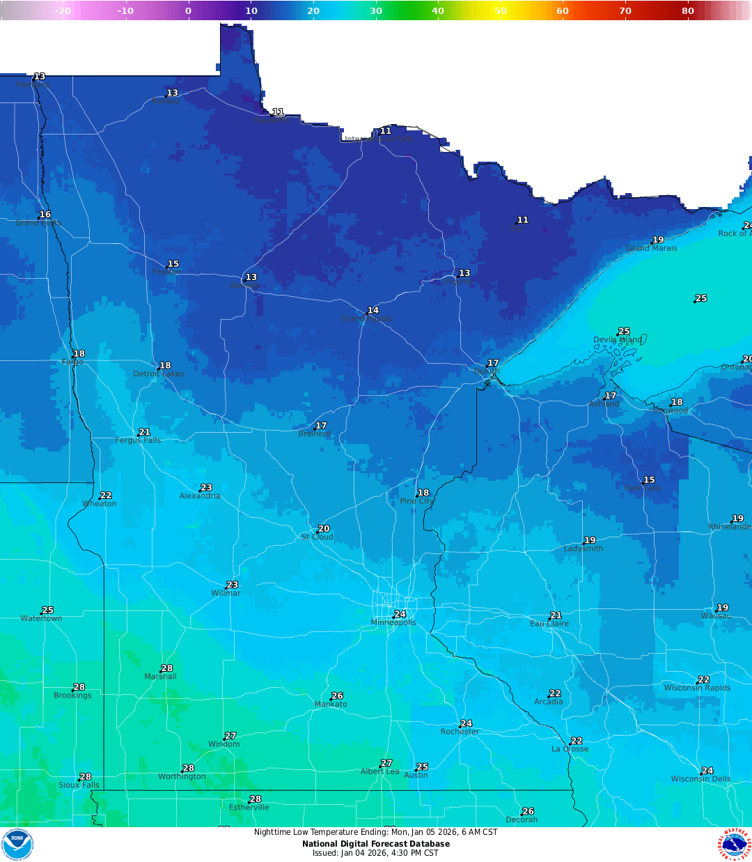 Lows for Sunday night