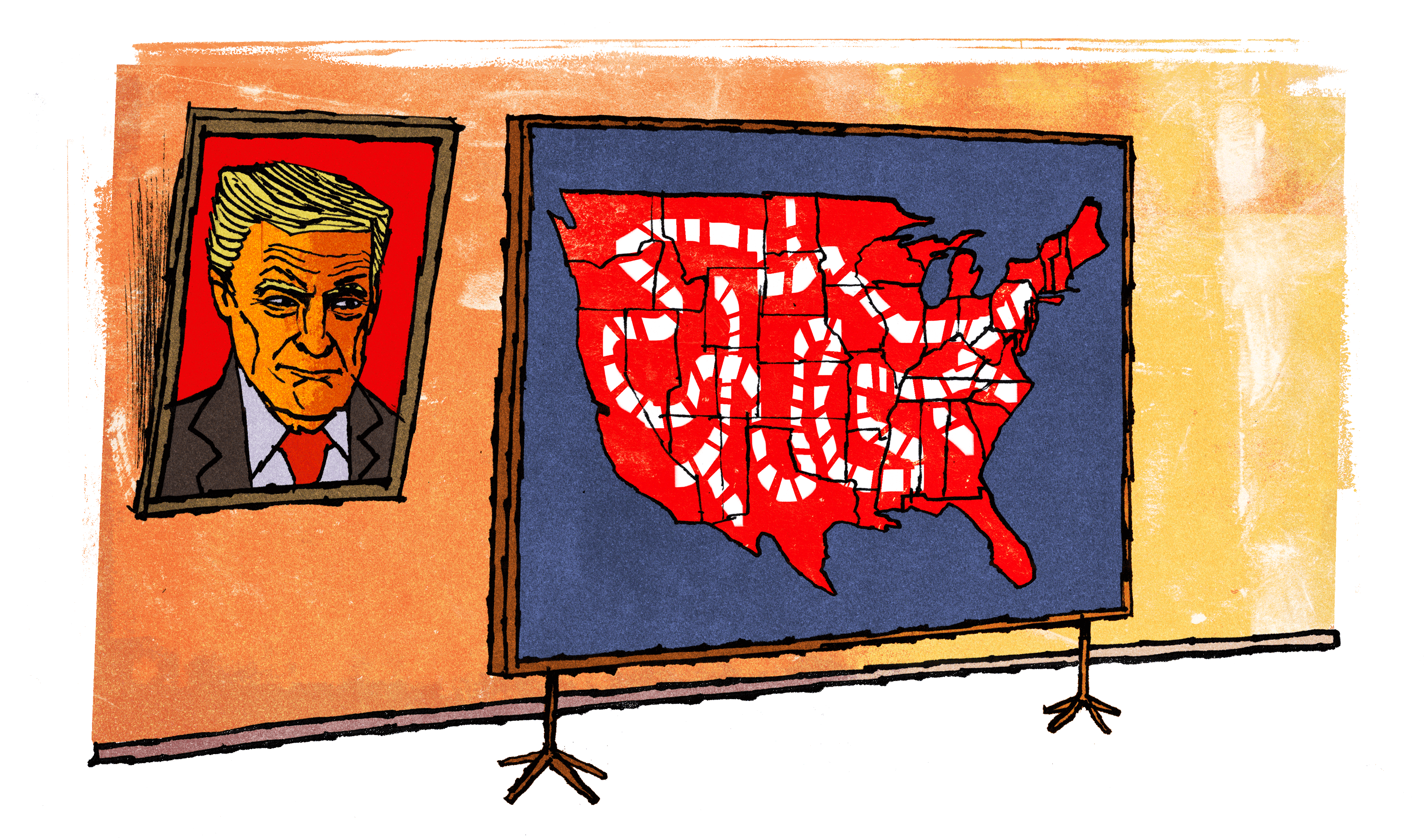 An illustration of a portrait of Donald Trump with a map of the U.S. painted in red with white lines twisting around.