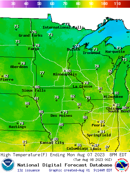 Forecast high temperatures Monday