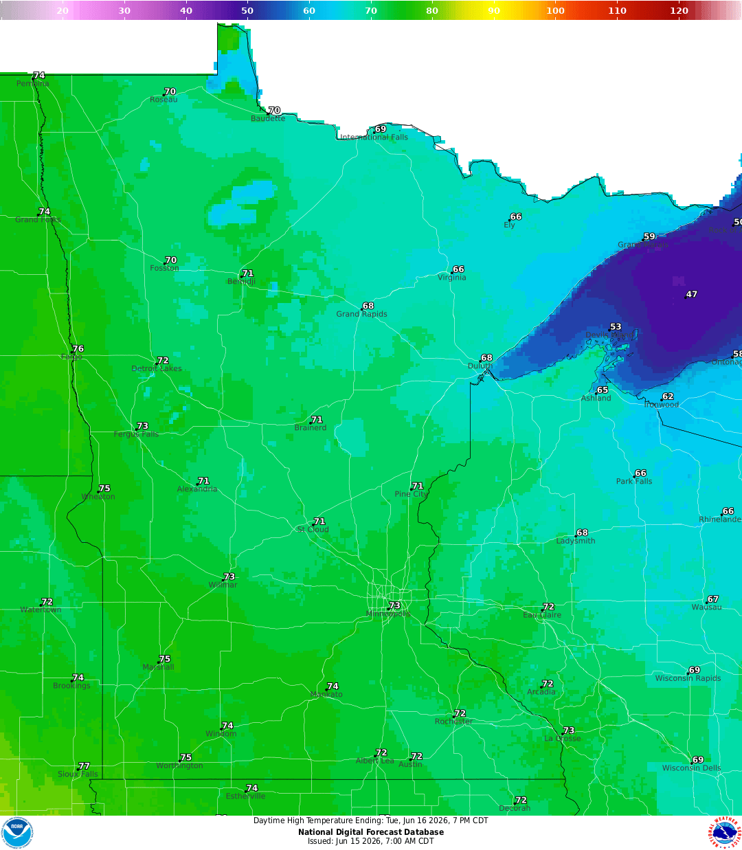 Highs for Tuesday