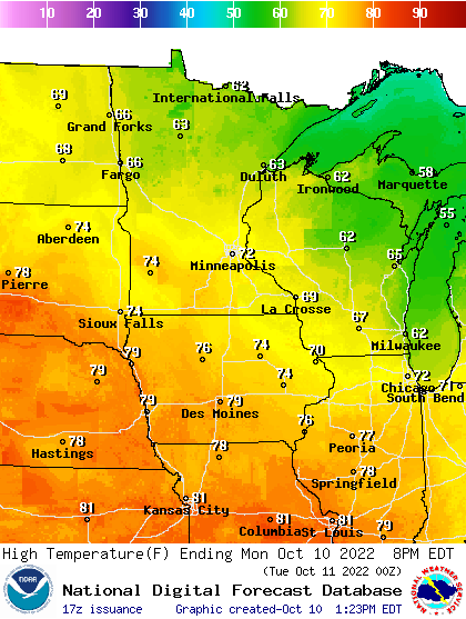 Forecast high temperatures Monday