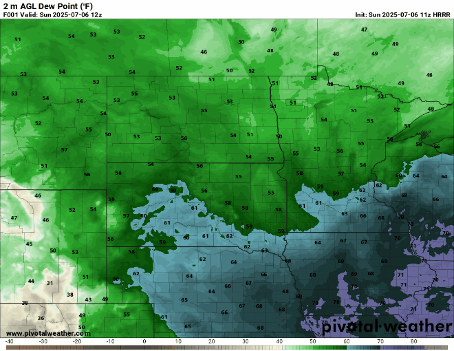 Dew points Sunday 7 a.m. to 7 p.m.