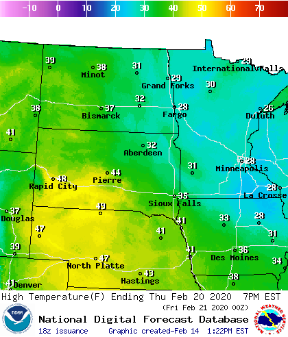 Forecast high temperatures Thursday