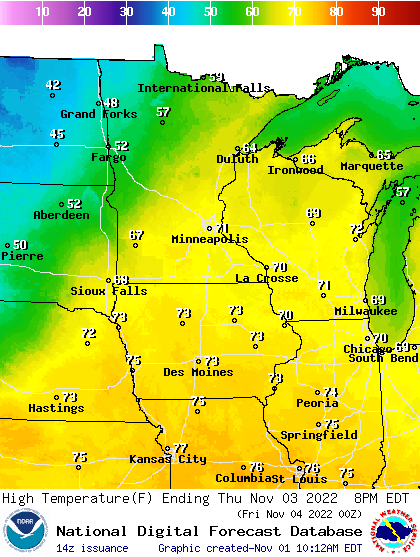 Forecast high temperatures Thursday