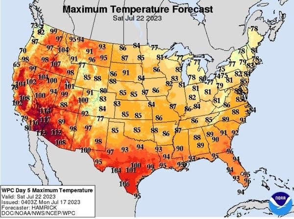 Forecast high temperatures for Saturday