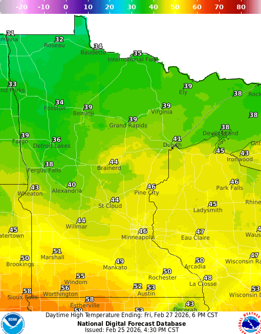 Forecast high temperatures Friday