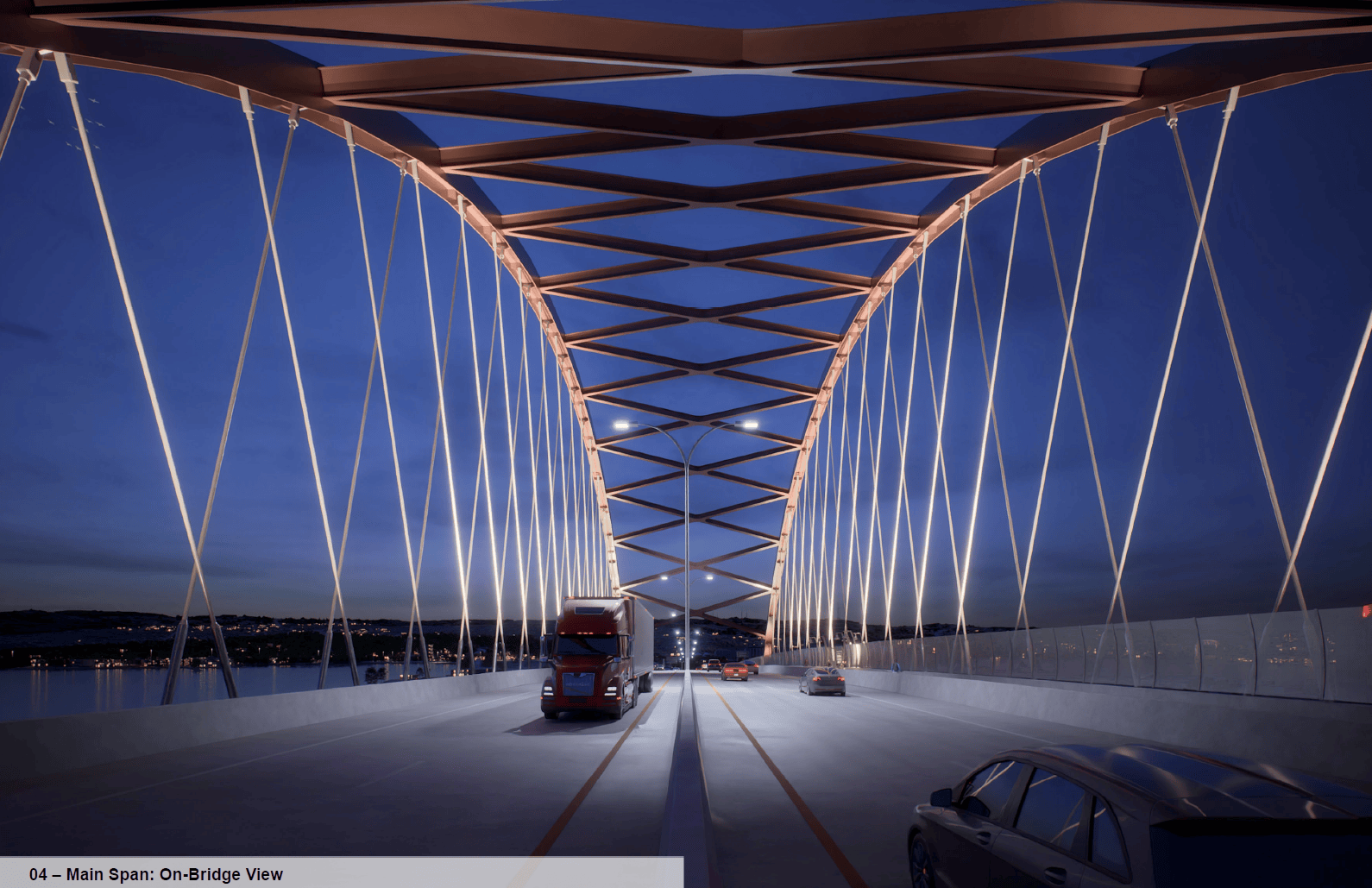 Rendering of vehicles driving over a bridge at night.