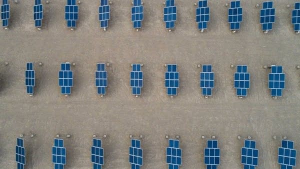 An array of solar modules, part of a 100 megawatt photovoltaic on-grid power project in Dunhuang, China.