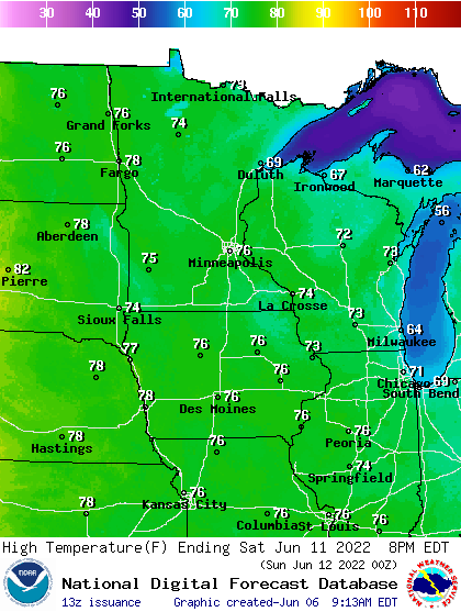 Forecast high temperatures Saturday