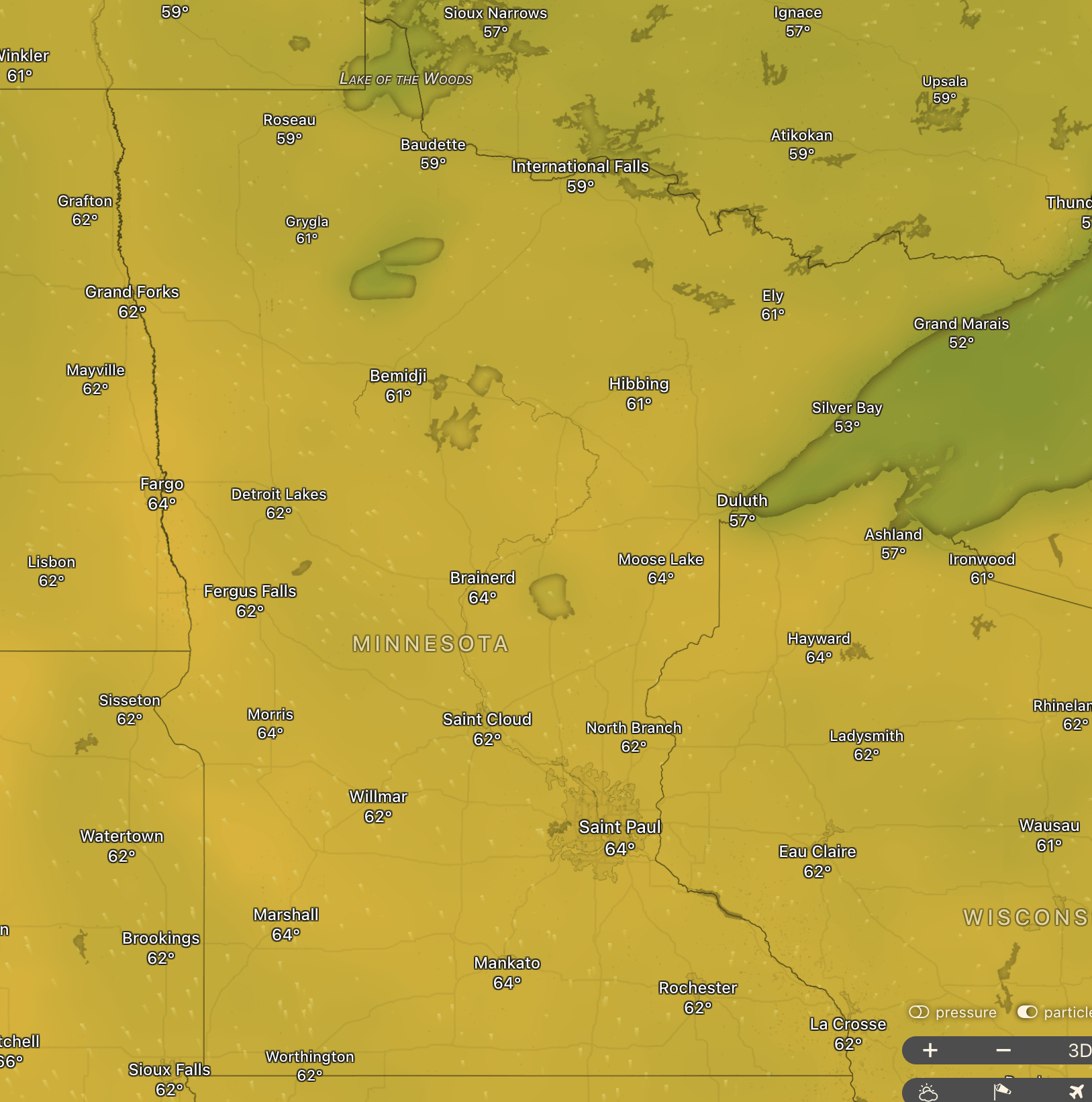 map of Minnesota with names of cities and temperature values
