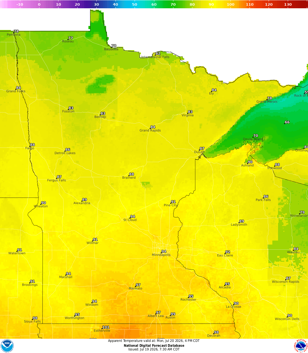 Heat index forecast for Monday