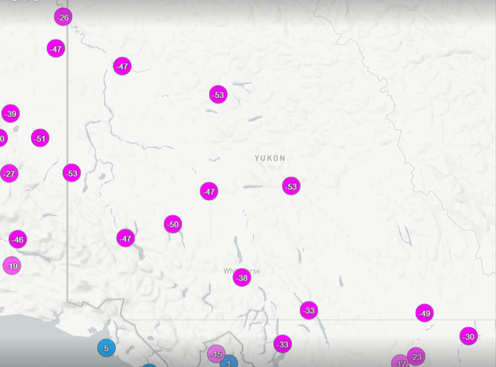 10:30 a.m. temperatures in Yukon Territory, Canada, on Dec. 10