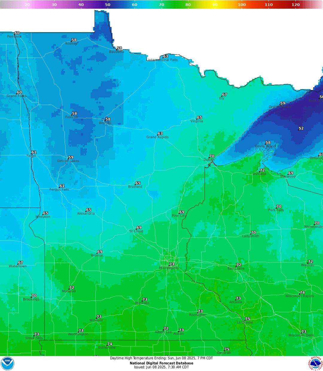 Highs for Sunday