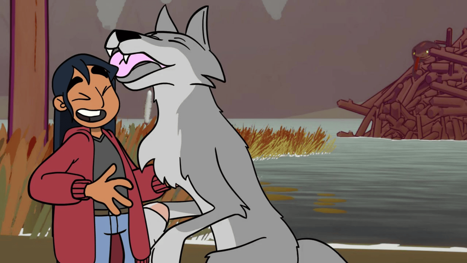 A screenshot of a video game. A wolf licks a teen girl's face as she laughs.