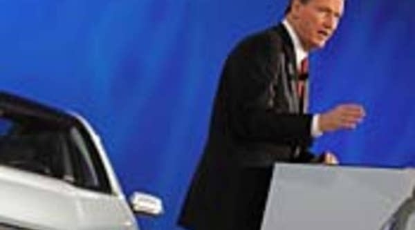 Rick Wagoner, General Motors Chairman and CEO, introduces a lithium-ion battery (not pictured) that GM will manufacture for the Volt electric car during a press preview at the North American International Auto Show in Detroit.