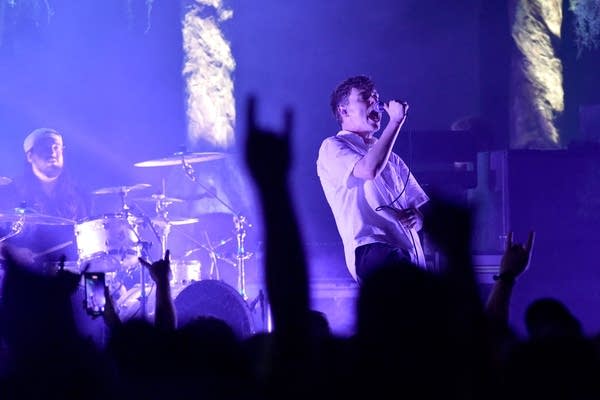 Kevin Kaine and Bryan Garris of Knocked Loose performs at Old Forester's Paristown Hall on June 14, 2024 in Louisville, Kentucky.