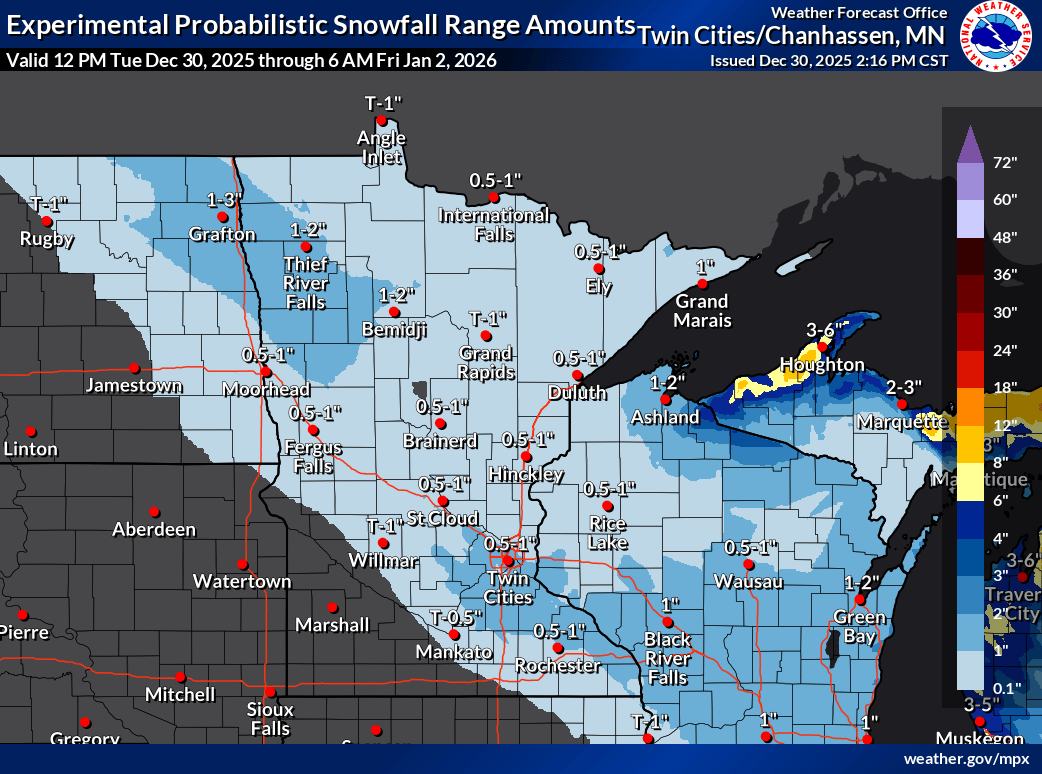 Snowfall totals through Thursday